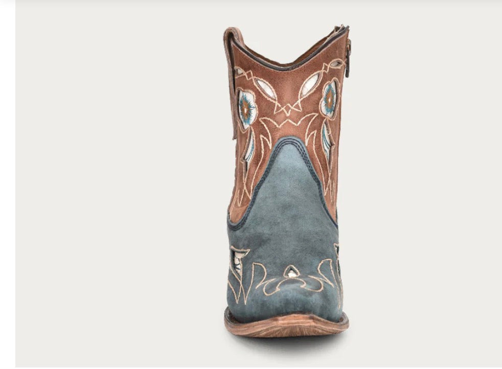 WOMEN'S BLUE/SHEDRON INLAY WITH FLORAL EMBORIDERY ANKLE SNIP TOE CICLE G COWBOY BOOT
