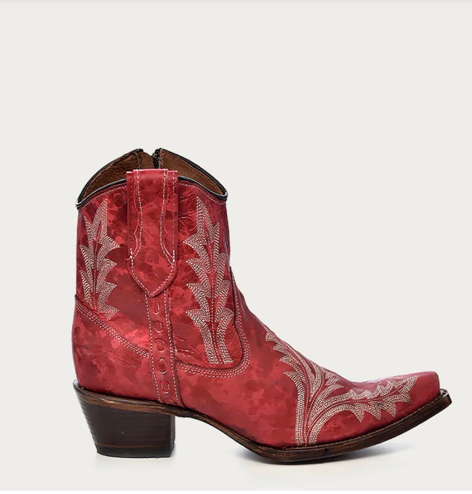 L5704 - WOMEN’S EMBROIDERY AND ZIPPER RED SNIP TOE ANKLE COWBOY BOOT