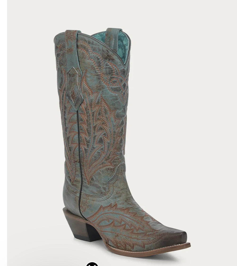 WOMEN'S EMBROIDERY VINTAGE WORN FINISH TURQUOISE SNIP TOE GOAT COWBOY BOOT