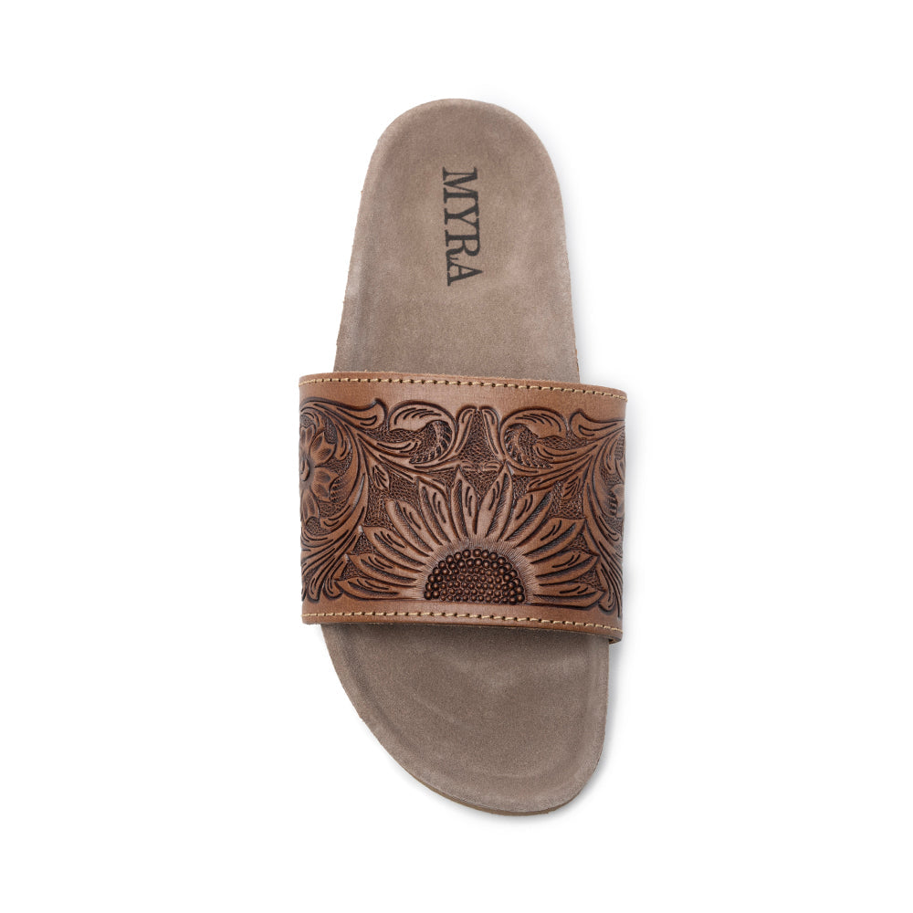 Myra Dottie Handtooled Leather Slide Sandals for Women – Floral Western Tooling with Cork Sole for Casual Comfort