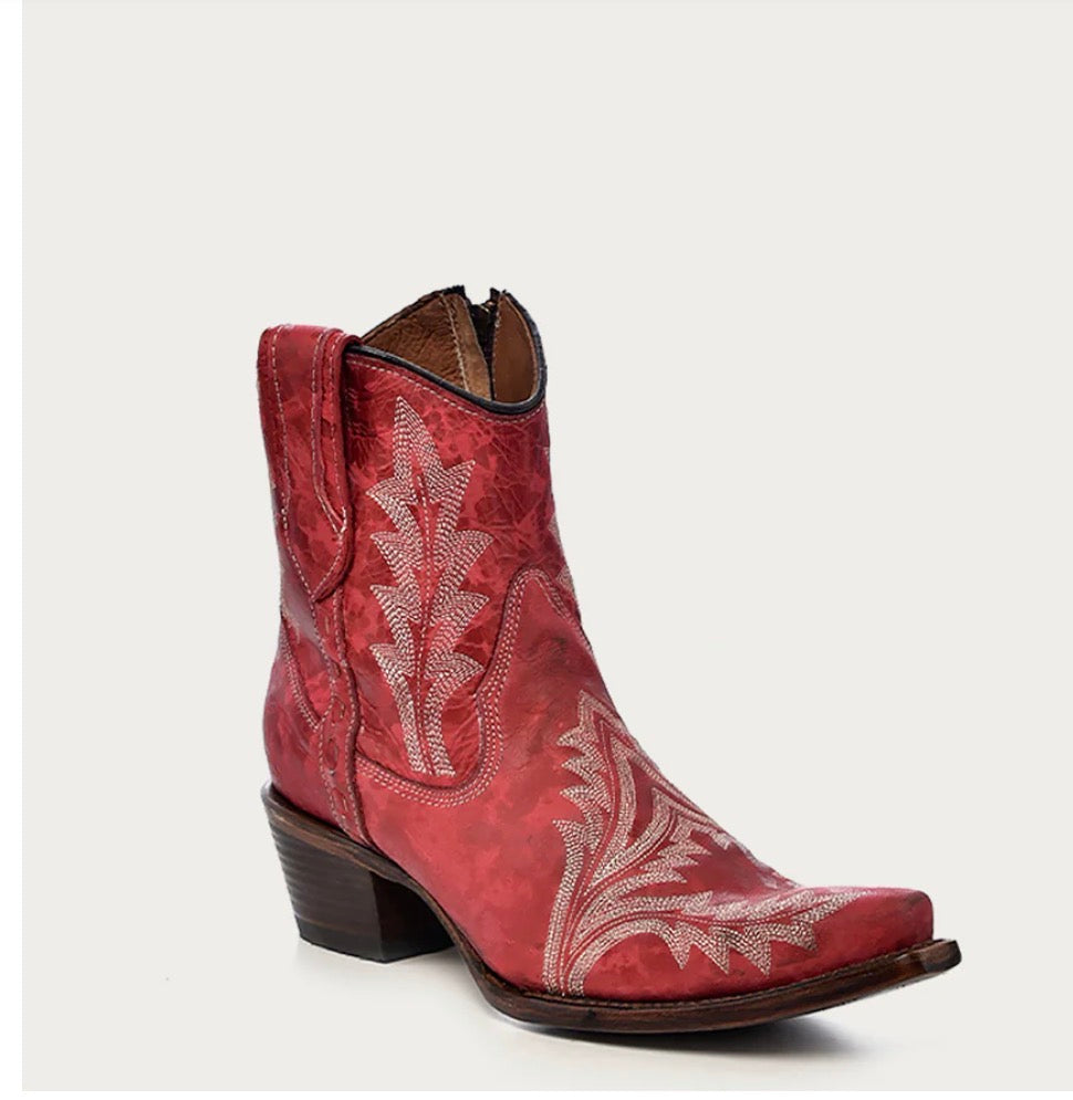 L5704 - WOMEN’S EMBROIDERY AND ZIPPER RED SNIP TOE ANKLE COWBOY BOOT