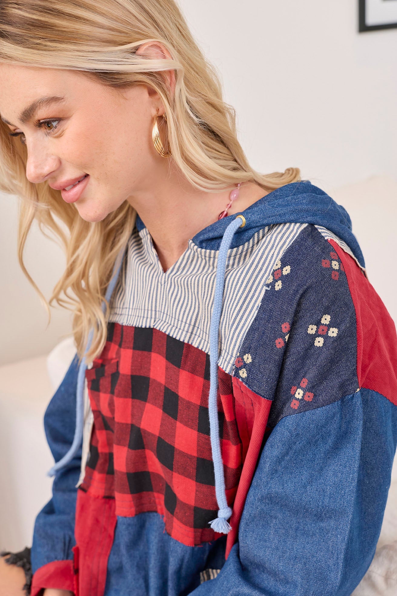 The Americana Patchwork Hoodie in Cherry Denim