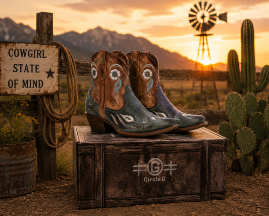 WOMEN'S BLUE/SHEDRON INLAY WITH FLORAL EMBORIDERY ANKLE SNIP TOE CICLE G COWBOY BOOT