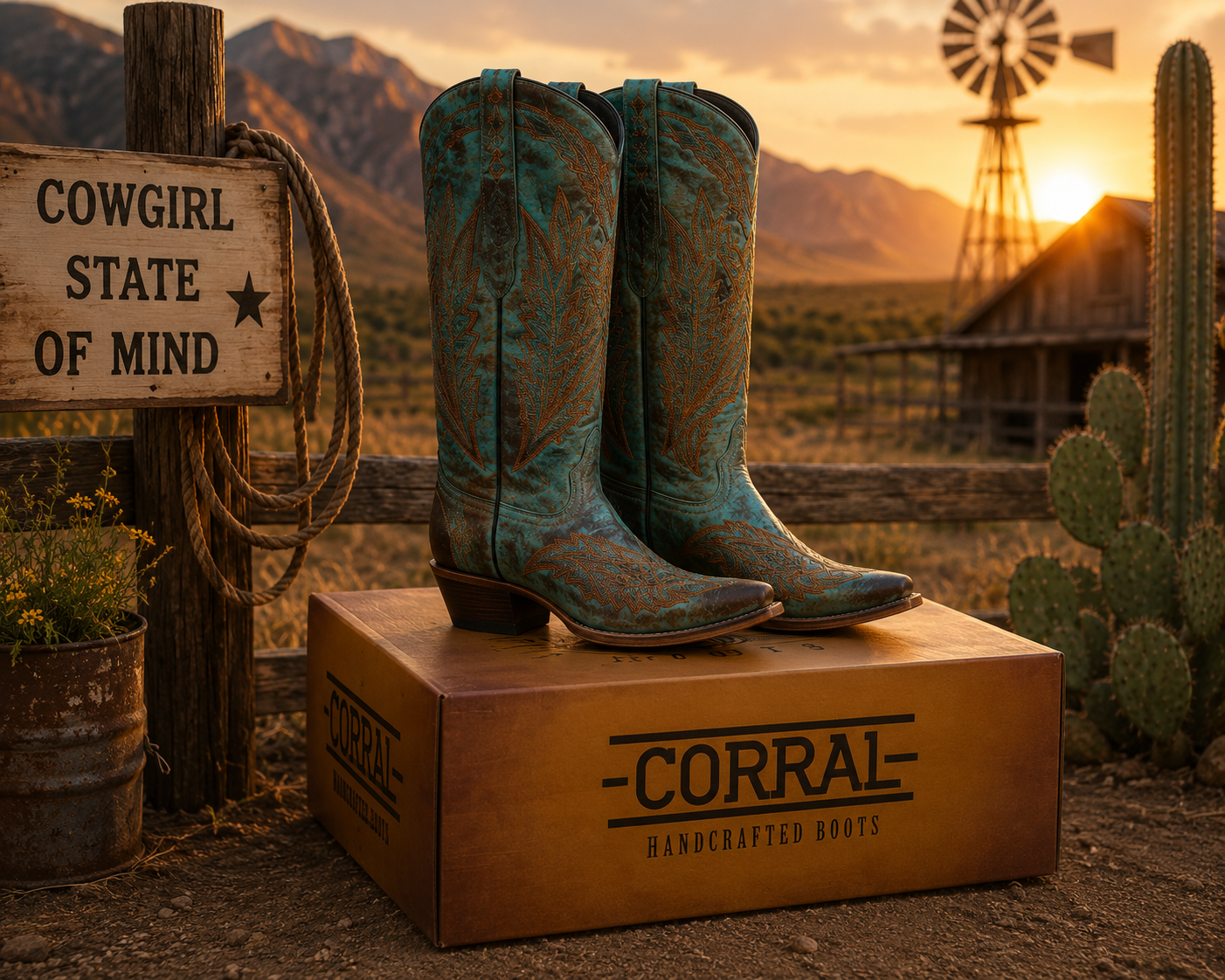 WOMEN'S EMBROIDERY VINTAGE WORN FINISH TURQUOISE SNIP TOE GOAT COWBOY BOOT