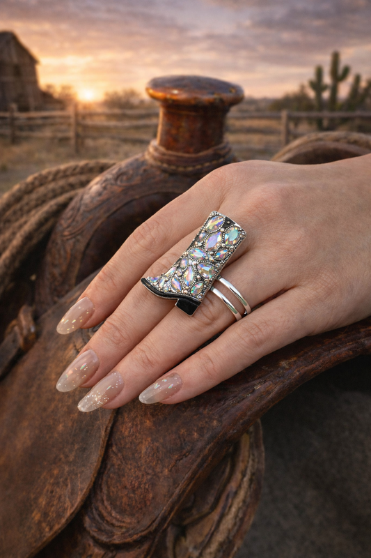 Adjustable rhinestone cowboy boot ring