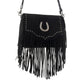 Myra Lucky Charm Leather Bag for Women in black with fringe and horseshoe detail