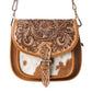 Myra Goldrush Saddle handtooled Bag for Women in saddle tan with hair-on detail