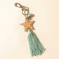 Myra Western Sky Beaded Fringe Handtooled Leather Key Fob in Ocean Blue