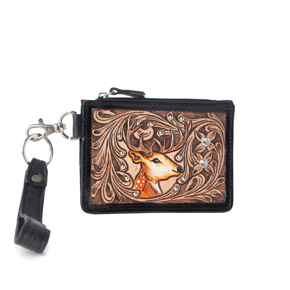 Myra Hand Hewn Western Card Holder for Women in Brown with handtooled detail