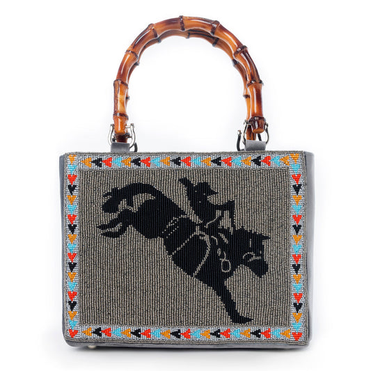 Myra Free Rein Western hand beaded Bag in grey with bamboo handle and horse embroidery