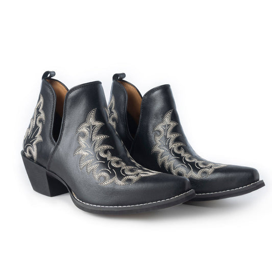Myra Tempest Embroidered Cowgirl Booties in Onyx for Women in Genuine Leather with Snip Toe