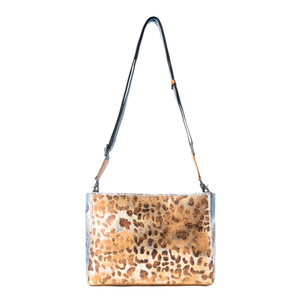 Myra Safari Glow Leather Bag for Women in Brown with metallic detail and shoulder strap