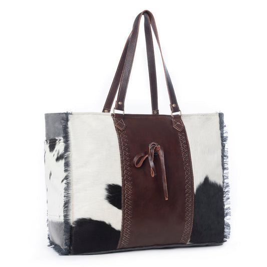 Myra Rosalinda Cross Stitched Hairon Leather Weekender Bag - Spacious Travel Tote with Stitch Trim and Durable Shoulder Straps