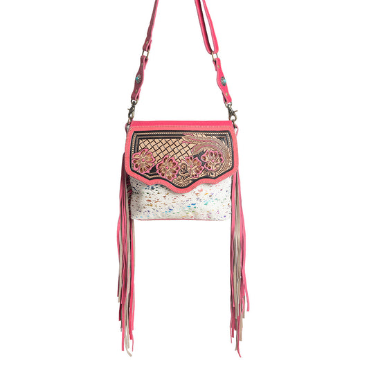 Myra Rosa Verde Hand Tooled Leather Sling Bag for Women â€“ Pink Floral Western Flap, Fringe Sides, Speckled Print Body