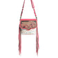 Myra Rosa Verde Hand Tooled Leather Sling Bag for Women â€“ Pink Floral Western Flap, Fringe Sides, Speckled Print Body