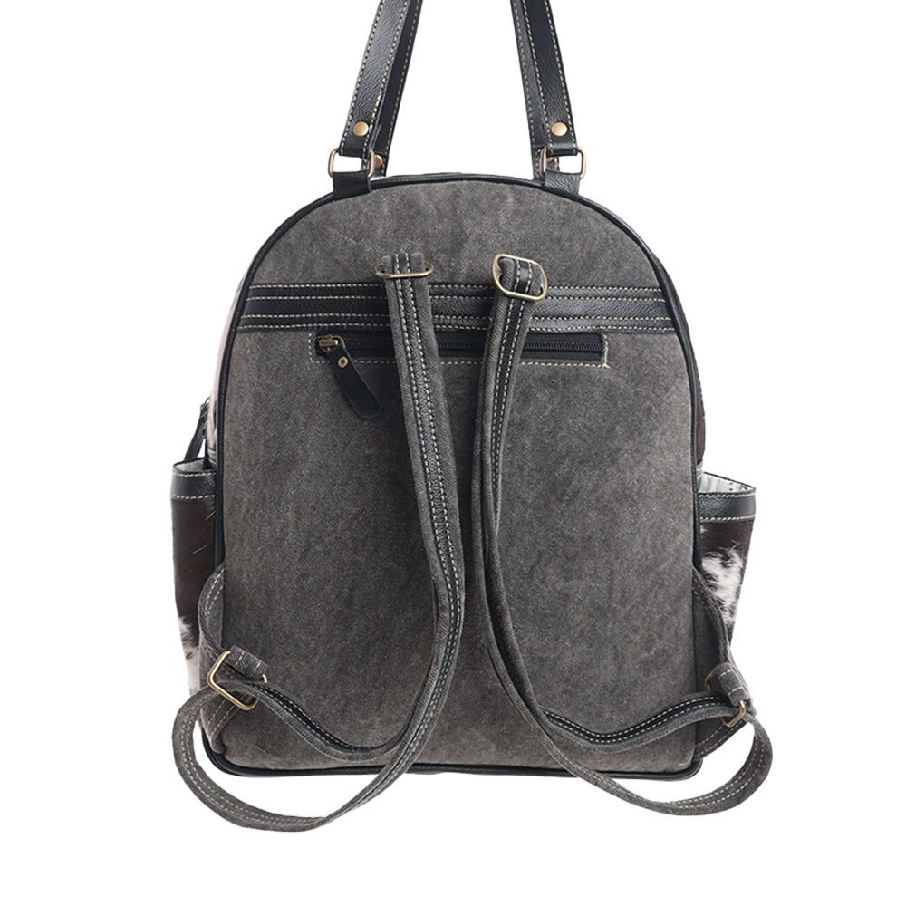 Myra My Vista Hairon Leather Backpack – Dual Handles, Floral Tooled Patch, Spacious Compartments