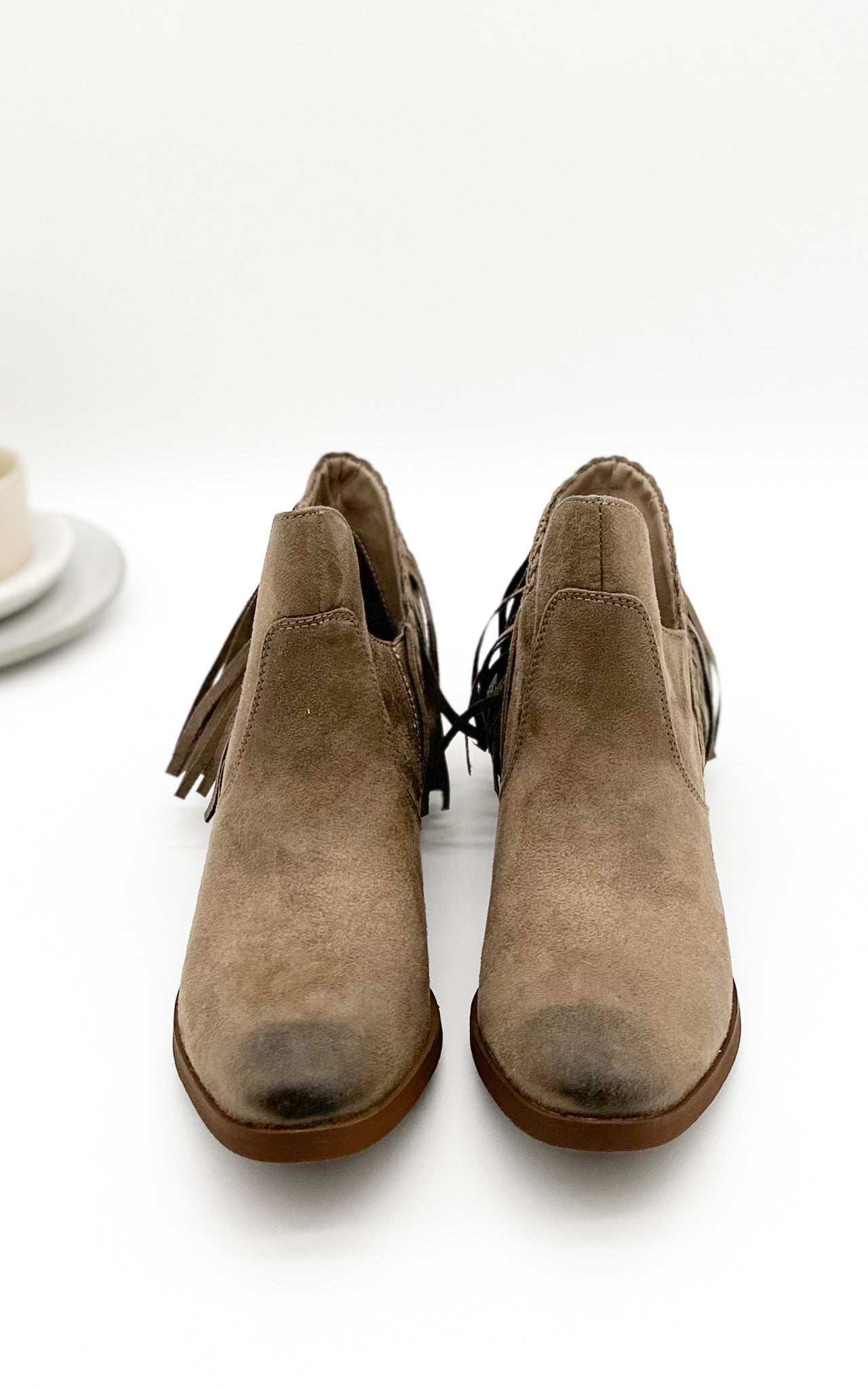 Braxton Western Fringe Ankle Boot in Taupe